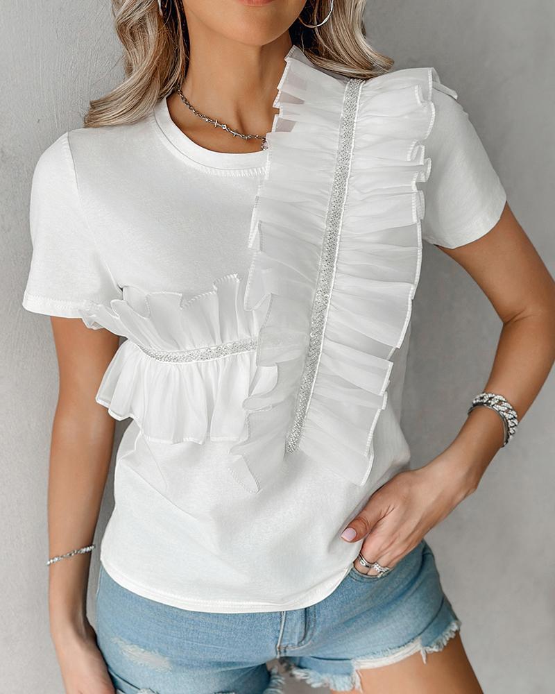Sheer Mesh Patch Ruffle Hem T-Shirt, T-shirt & Tees, chicme - Women's Fashion Online