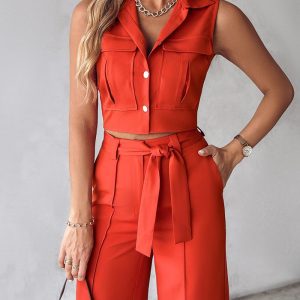 Buttoned Vest Top & Tied Detail Straight Leg Pants Set, Two-piece Sets, chicme - Women's Fashion Online