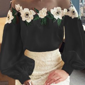 Elegant Crew Neck Petwork Floral Loose Long Sleeve Shirt, Blouses and Shirts, color:Black|size:XXL, Stylewe