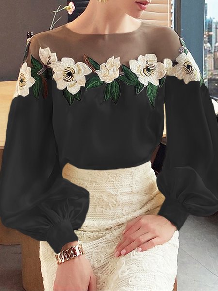 Elegant Crew Neck Petwork Floral Loose Long Sleeve Shirt, Blouses and Shirts, color:Black|size:XXL, Stylewe