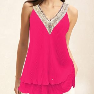 Casual V Neck Plain Tank Top, Tanks & Camis, color:Pink|size:XXL, Noracora