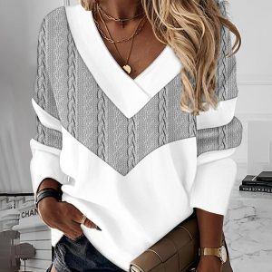Colorblock Long Sleeve V-Neck Cable Textured Top, T-shirt & Tees, chicme - Women's Fashion Online