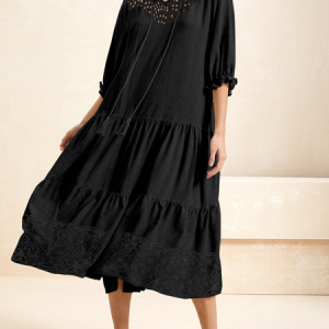 Women Plain V Neck Short Sleeve Comfy Casual Lace Maxi Dress, Dresses, color:Black|size:XXL, Noracora