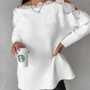 Heart Pattern Lace Patch Cold Shoulder Knit Sweater, Sweaters & Cardigans, chicme - Women's Fashion Online
