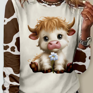 Casual Animal Crew Neck Shirt, Long sleeves, Lilicloth.com