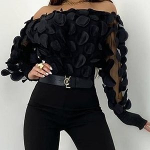 Elegant Loose Cold Shoulder Plain Long Sleeve Shirt, Blouses and Shirts, color:Black|size:XXL, Stylewe