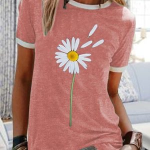 Round neck casual daisy printed short-sleeved T-shirt, T-shirts, color:Pink|size:4XL, catalog Noracora shop