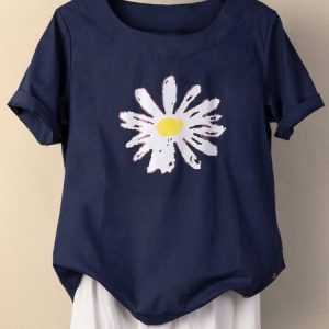 Blue Floral-Print Casual Cotton T-shirt, T-shirts, color:Blue|size:XXL, Noracora