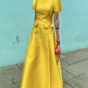 Elegant Regular Fit Crew Neck Dress, Maxi Dresses, color:Yellow|size:XXL, Stylewe