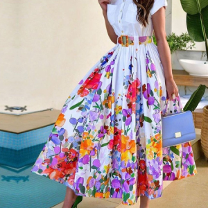 Regular Fit Short sleeve Elegant Floral Long Dress, Midi Dresses, color:White|size:XS, Stylewe