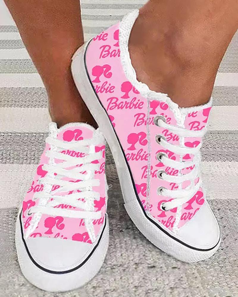 Barbie Figure Letter Raw Hem Lace-up Sneakers, Sneakers, chicme - Women's Fashion Online