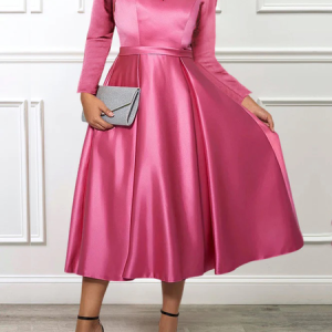 Plain Elegant Regular Fit Stand Collar Long Sleeve Dress With No Belt, Midi Dresses, color:As Picture|size:XXL, Stylewe