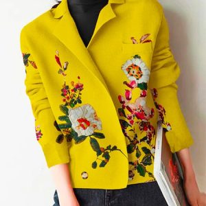 Floral Lapel Collar Urban Long Sleeve Cardigan, Cardigans, color:Yellow|size:XXL, Stylewe