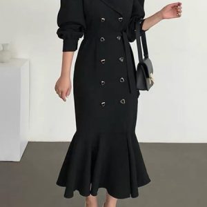 Loose Shawl Collar Plain Urban Dress, Maxi Dresses, color:Black|size:XXL, Stylewe