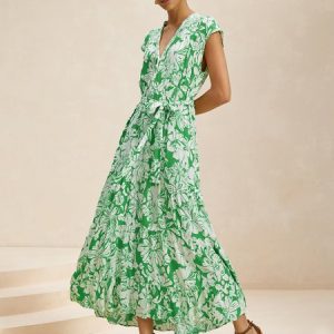 Women Floral V Neck Sleeveless Comfy Casual Short Dress, Dresses, color:Green|size:XXL, Noracora