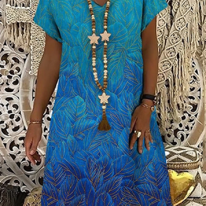 Short Sleeve Holiday V Neck Printed Dress, Short, color:Blue|size:3XL, catalog Noracora shop
