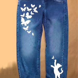 Women's butterfly Denim Regular Fit Casual Cat Jeans, Jeans, Lilicloth.com