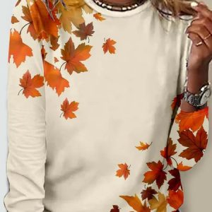 Casual Leaf Crew Neck Long Sleeve T-shirt, T-shirts, color:Apricot|size:XXL, Noracora