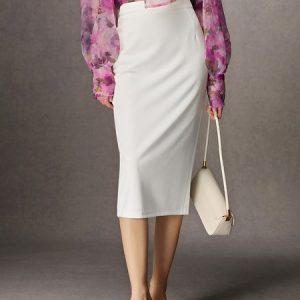 Lightweight Micro-Elasticity Elegant Regular Fit Plain Midi Skirt, Skirts, color:White|size:XXL, Stylewe