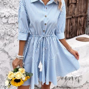 Women Striped Shirt Collar Half Sleeve Comfy Casual Short Dress, Short, color:Blue|size:XL, catalog Noracora shop