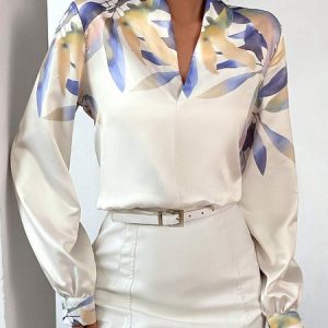 Plain Floral Regular Fit Urban V Neck Blouse, Blouses and Shirts, color:Apricot|size:XXL, Stylewe