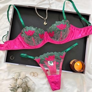 Floral Embroidery Mesh Patch Lingerie Set, Bra Set, chicme - Women's Fashion Online