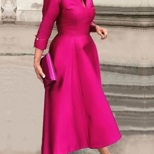 Shawl Collar Three Quarter Sleeve Elegant Plain Regular Fit Maxi Dress, Maxi Dresses, color:Rose Red|size:XXL, Stylewe