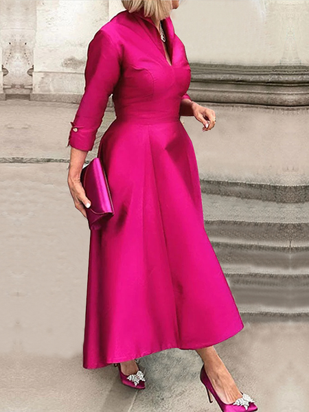 Shawl Collar Three Quarter Sleeve Elegant Plain Regular Fit Maxi Dress, Maxi Dresses, color:Rose Red|size:XXL, Stylewe