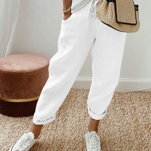 Casual Baggy Cotton Linen Cropped Plain Pant, Pants, color:White|size:XS, Noracora