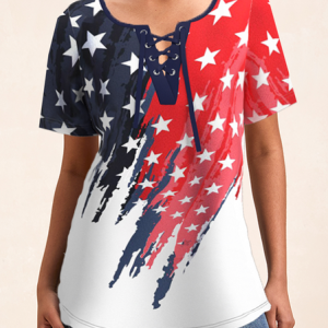 Cross Neck Short Sleeve America Flag Regular Micro-Elasticity Loose Shirt For Women, Blouses, color:Red|size:XXL, Noracora