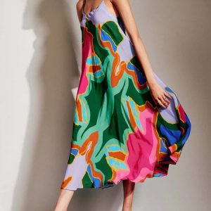 Vacation Spaghetti Loose Abstract Print Dress, Midi Dresses, color:Multicolor|size:XXL, Stylewe
