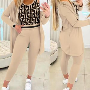 Geometric Print Tank Top & Striped Drawstring Pants Set With Coat, Two-piece Sets, chicme - Women's Fashion Online