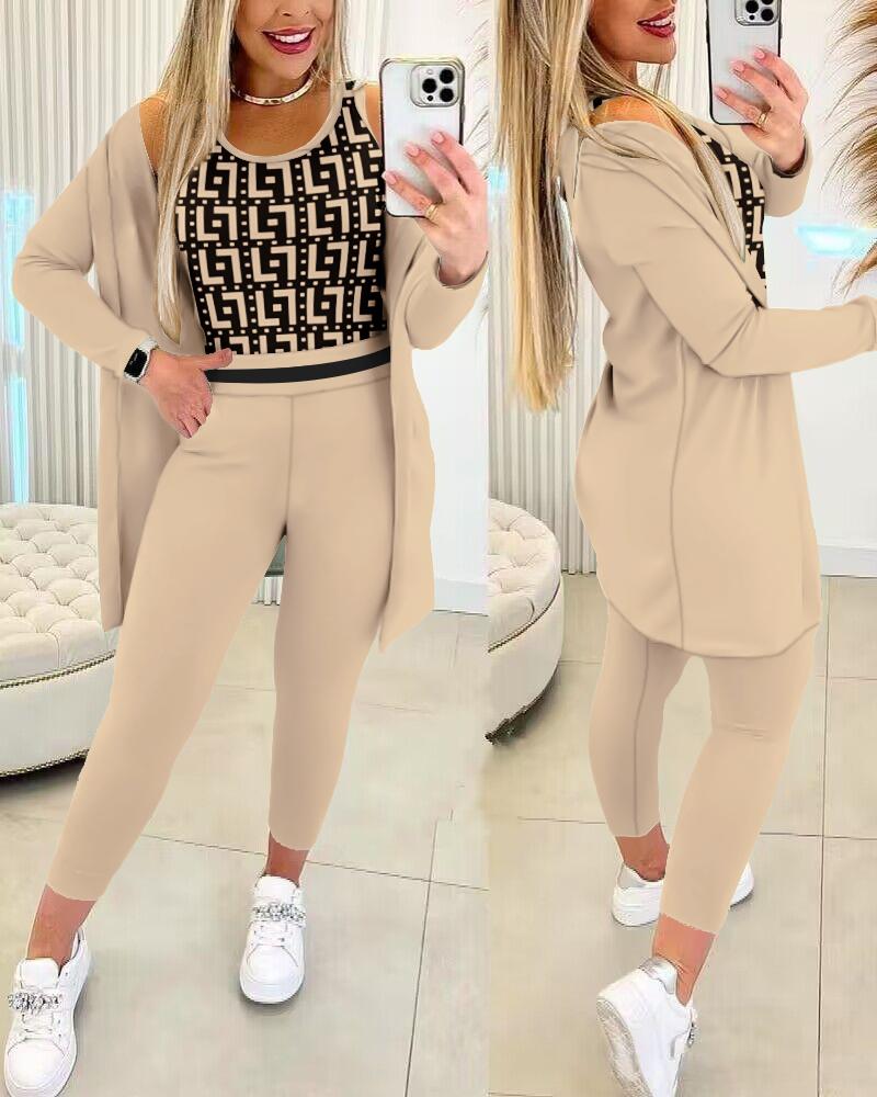 Geometric Print Tank Top & Striped Drawstring Pants Set With Coat, women Two-piece Sets, ChicMe catalog
