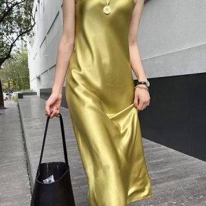 Daily Crew Neck Regular Fit Satin Urban Dress, Maxi Dresses, color:Yellow|size:XXL, Stylewe
