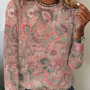 Casual Paisley Micro-Elasticity Jersey Long sleeve Crew Neck Regular T-shirt for Women, T-shirts, color:Red|size:3XL, Noracora