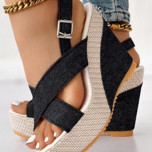 Peep Toe Crisscross Slingback Denim Wedge Sandals, Wedges Shoes, chicme - Women's Fashion Online