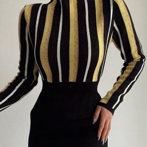 Striped Turtleneck Tight Urban Long Sleeve Sweater, Pullovers, color:As Picture|size:XXL, Stylewe