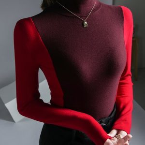 Urban  Turtleneck Color Block Basic T-Shirt, Tees, color:Red|size:XXL, Stylewe