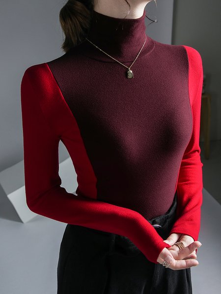 Urban Turtleneck Color Block Basic T-Shirt, Tees, color:Red|size:XXL, Stylewe