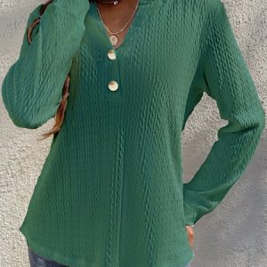 Women Casual Plain Loose Blouse Notched Long Sleeve Buttoned Regular Spring/Fall Shirt, Shirts, color:Green|size:XXL, catalog Noracora shop