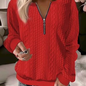 Women Zip Up Sweatshirt Basic Plain Quarter Zip Plain Top, Hoodies & Sweatshirts, color:Red|size:XXL, Noracora