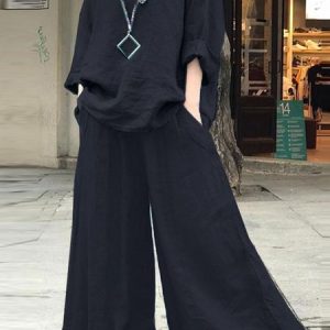 Women Plain Crew Neck Long Sleeve Comfy Casual Top With Pants Two-Piece Set, Sets, color:Black|size:5XL, Noracora