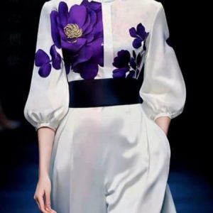 Floral Stand Collar Urban Regular Fit Blouse, Blouses and Shirts, color:White|size:XXL, Stylewe