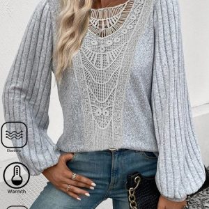Crew Neck Long Sleeve Plain Lace Regular Micro-Elasticity Loose Shirt For Women, Blouses, color:Gray|size:XXL, Noracora
