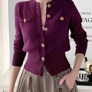 Daily Buttoned Urban Plain Crew Neck Cardigan, Cardigans, color:Purple|size:XXL, Stylewe