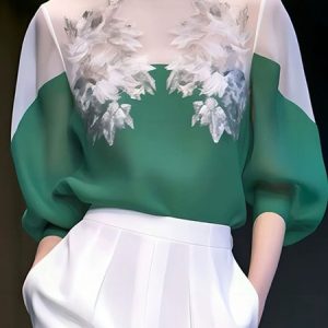 Urban Loose Floral Color Block Crew Neck  Shirt, Blouses and Shirts, color:Green|size:XXL, Stylewe