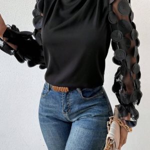 Stand Collar Long Sleeve Plain Mesh Regular Regular Fit Shirt For Women, Blouses, color:Black|size:XXL, Noracora