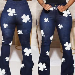 St. Patrick's Day Lucky Shamrock Print High Waist Flared Leg Jeans, Jeans, chicme - Women's Fashion Online