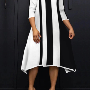 Loose Urban Crew Neck Three Quarter Sleeve Striped Midi Dress, Midi Dresses, color:As Picture|size:XXL, Stylewe