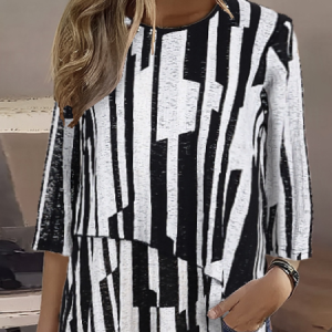 Crew Neck Half Sleeve Striped Regular High Elasticity Loose Blouse For Women, Blouses, color:Black-white|size:XXL, Noracora